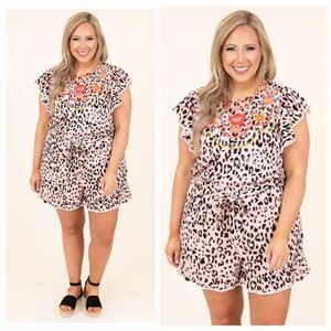 NEW Savanna Jane Animal Print Mocha Black Floral Embroidery Romper Size 3X